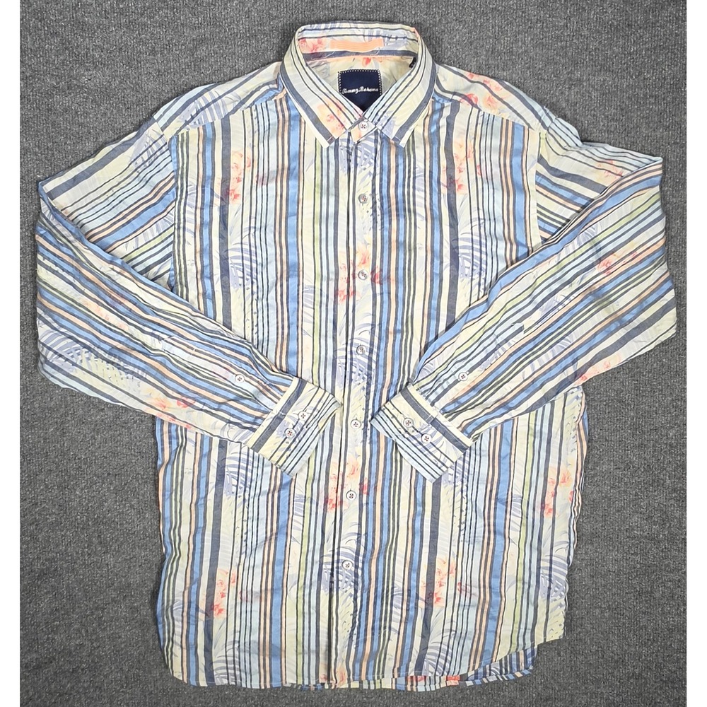 Tommy Bahama Mens Striped Tropical Floral Long Sleeve Button Down Shirt Medium